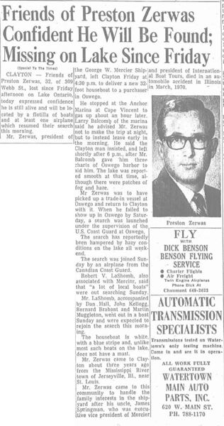 Zerwas Wreck Newspaper Clippings - Watertown Daily Times Sept 17th 1973 - clipping