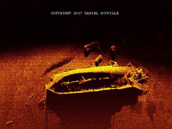 Shipwreck of the Steamer Homer Warren sunk in Lake Ontario.  Found by Dan Scoville and Jim Kennard - Imagenex sonar image by Dan Scoville